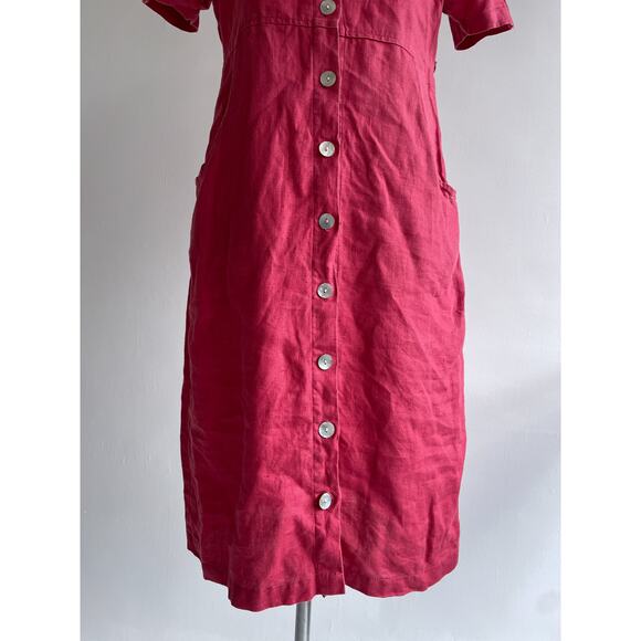Vintage 90's Red Linen Dress / Sz 8 / Minimal Natural Button Up Collared - Picture 3 of 7